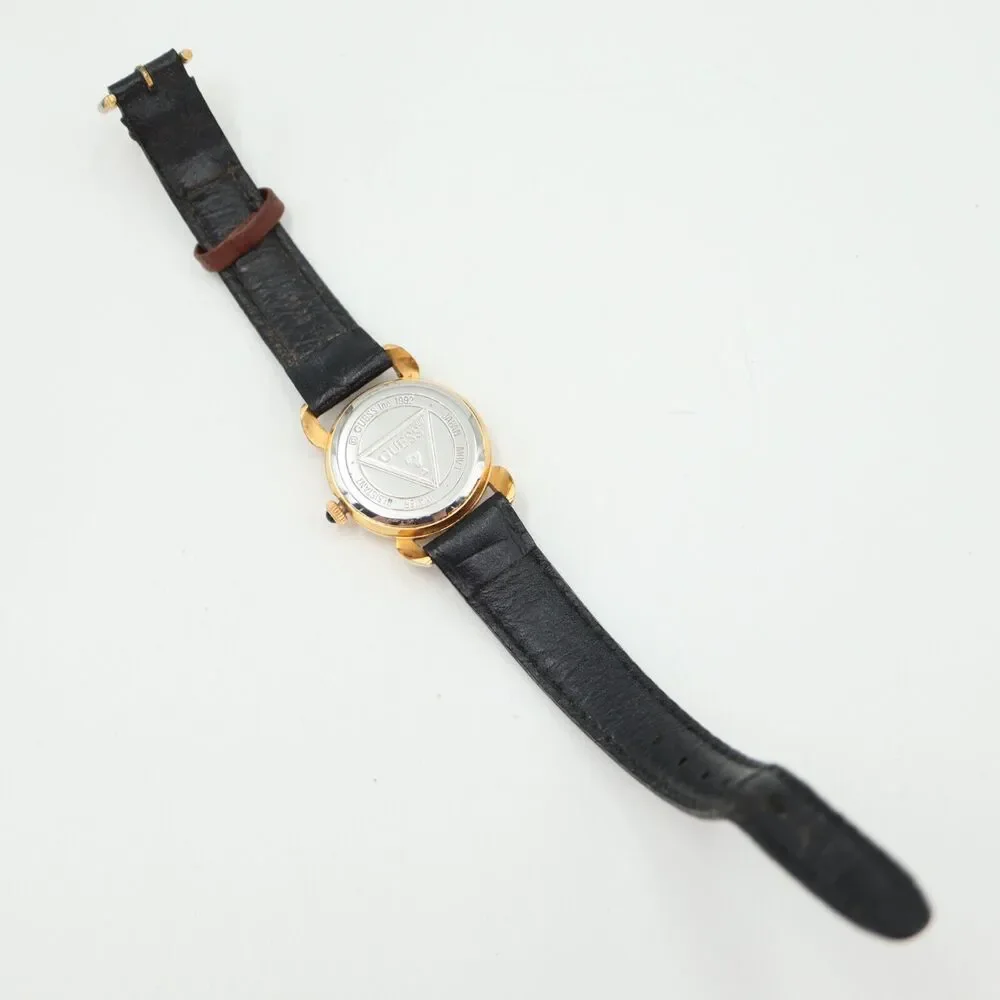Vintage 1992 Guess Watch 25mm Gold Tone Black Leather Strap with New Battery
